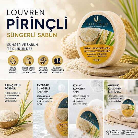Louvren Pirinçli Süngerli Sabun – Cilt Tonu Eşitleyici ve Nemlendirici Doğal Bakım Sabunu (125g) - 2