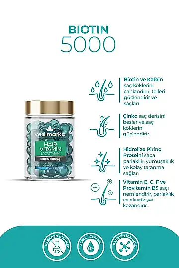 YEŞİLMARKA Saç Vitamini - Biotin 5000 & Kafein - Kır, Uygula & Parla! - 2